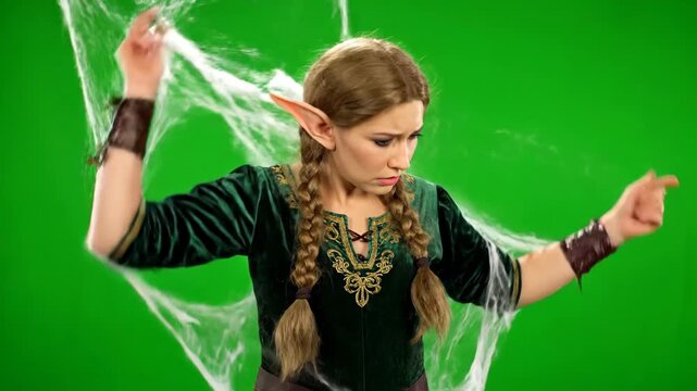 Elf tangled in spiderwebs - A young woman dressed as an elf is tangled in fake cobwebs, with a green screen background. She is looking down, appearing distressed.