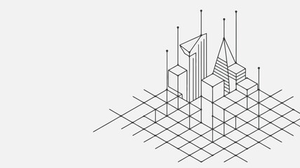 Abstract isometric line drawing of a futuristic city skyline with grid pattern background representing urban planning and architecture