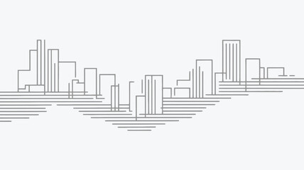 Minimalist architectural sketch of a modern city skyline with abstract geometric buildings and horizontal lines representing water or ground