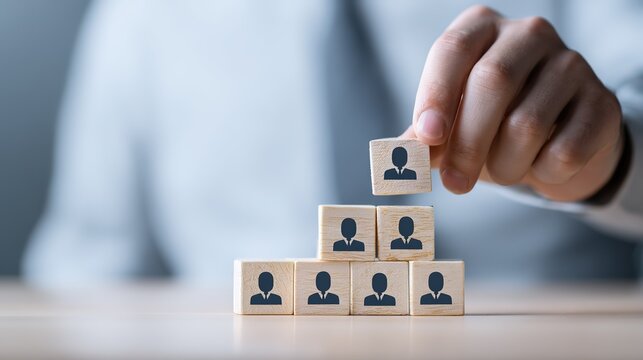 Hand Building Business Person Wooden Block Hierarchy - Leadership and Talent Pipeline