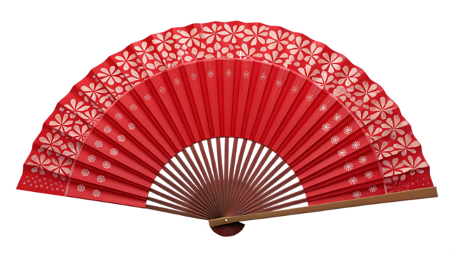 Elegant red hand fan with a floral pattern, perfect for adding a touch of sophistication and charm, isolated on transparent background