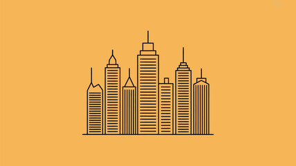 Modern cityscape silhouette featuring a collection of diverse skyscrapers with clean lines against a warm ochre background