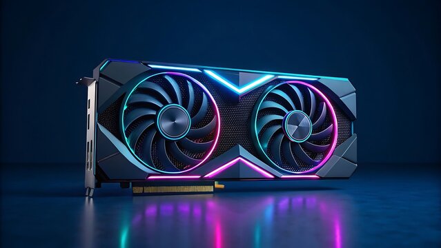 Modern highend graphics card with dual fans and rgb lighting, showcasing its design and technology for gaming and computing enthusiasts