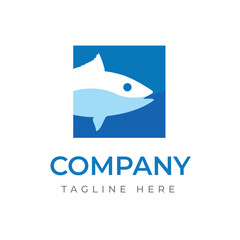Blue tuna fish icon within a square frame, a creative logo design concept for a seafood business. Vector animal symbol template