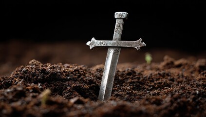 A weathered, silver-toned cross formed from a sword, rests within a dark, rich earth, evoking a somber and reflective mood.