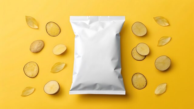 Blank white foil bag mockup for snack, chips, candy and nuts with potato slice isolated on yellow background