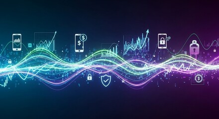 Abstract digital illustration featuring financial charts, mobile phones, security icons, and flowing energy waves in blue and purple hues.