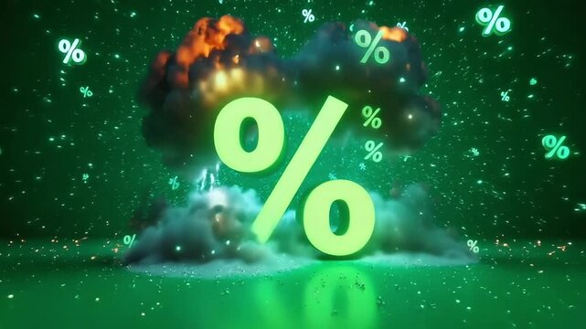 Explosion of percentages symbolizing financial success and growth in a vibrant green environment.