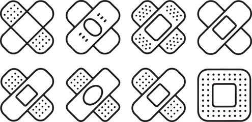 Clean and modern graphic design of medical bandage icons. A minimalist line art collection of various adhesive plasters for first aid treatment