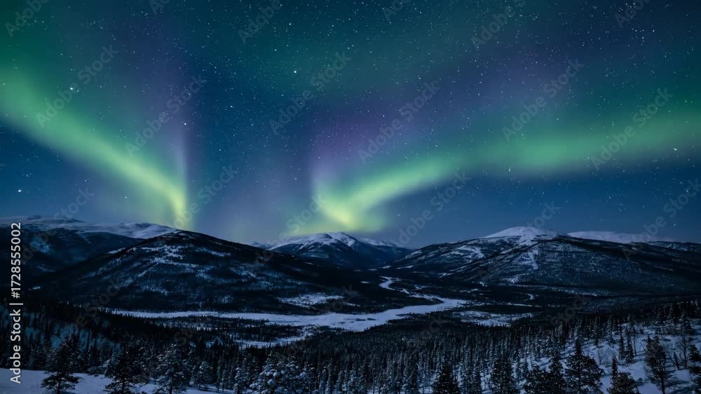 Wall mural dynamic aurora borealis expanding and contracting over a vast open wilderness from high above timela