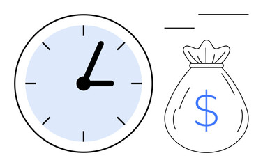 Large clock beside bag with dollar sign indicating time and money correlation. Ideal for time management, savings, productivity, efficiency, investments, deadlines, wealth focus. Simple flat metaphor