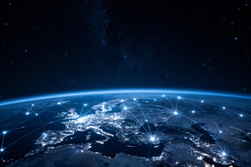 Global Network Connections Bright City Lights From Space Over Europe