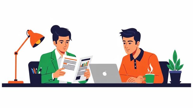 Flat vector of two men are working at home, one is reading a newspaper and the other is drinking coffee, isolated on white background business