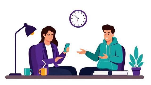 Flat vector of two people sitting at a desk talking isolated on white background a woman is holding a phone and a man is gesturing with his hands business