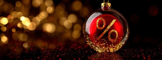 Golden percent symbol inside festive red bauble on Christmas tree. Concept: holiday discount, seasonal sale, shopping event. banner