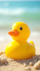 Yellow Rubber Duck Under Sunlight on Beach Sand