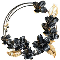 Elegant circular floral frame with dark blossoms and golden leaves, perfect for sophisticated designs.