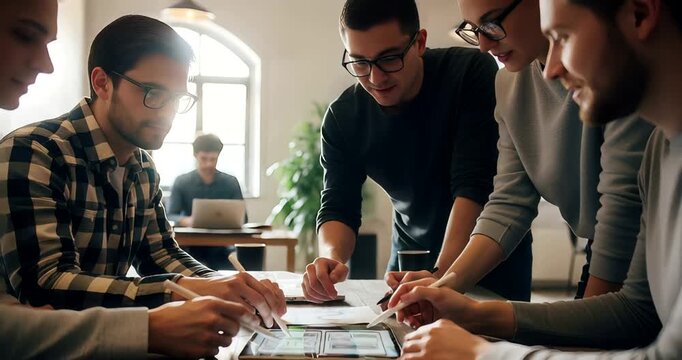 Creative team collaborating on digital design project using tablet and stylus pens in modern - Powered by Adobe