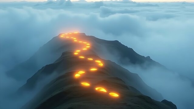 Glowing footprints ascending misty mountains, representing the challenging path of personal health journeys.