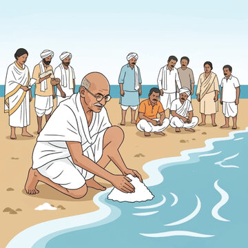 An illustration of Mahatma Gandhi making salt on Dandi beach during the Salt March, a key event in India's fight for independence.