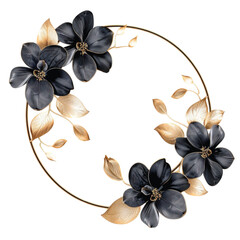 Elegant dark floral wreath with golden leaves on white background