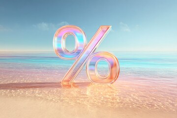 Transparent per cent sign on sandy beach with water splashes. summer discount, beach sale, holiday promotion.
