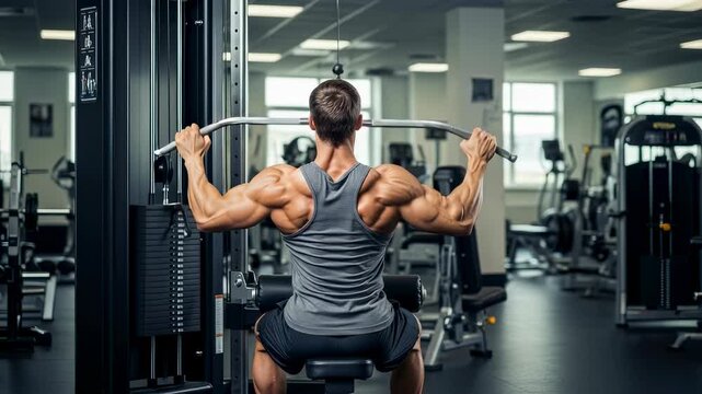 Fit man performing lat pulldown exercise in gym, demonstrating back muscles development for bodybuilder fitness training.