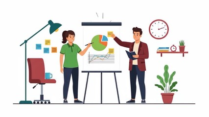 Flat vector of business team brainstorming and planning strategy in the office isolated on white background woman presenting a pie chart with her colleague business - Powered by Adobe