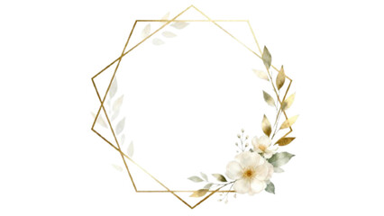 Elegant geometric floral frame with golden polygon and white flowers in minimalist watercolor style
