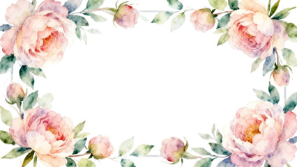 Watercolor floral frame with soft pink peonies, green leaves and delicate pastel petals for wedding or greeting design
