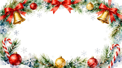 Watercolor Christmas frame with pine branches, red bows, gold bells, baubles, snowflakes and candy cane
