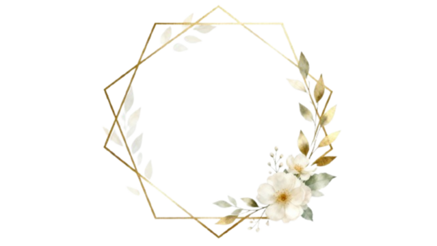 Elegant geometric floral frame with golden polygon and white flowers in minimalist watercolor style
