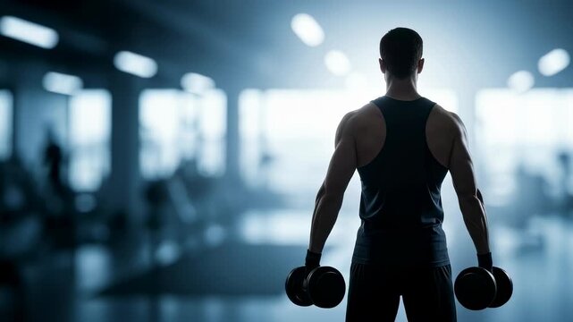 Man performing lateral raise exercise with dumbbells in a gym. Silhouette of male bodybuilder training shoulder muscles, fitness footage.