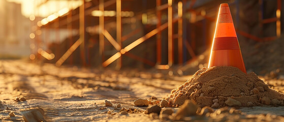 Safety first construction site with warning cone and scaffolding in warm light conveys industrial