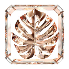 Luxurious rose gold monstera leaf encased in a faceted crystal frame, symbolizing elegance and nature's beauty.