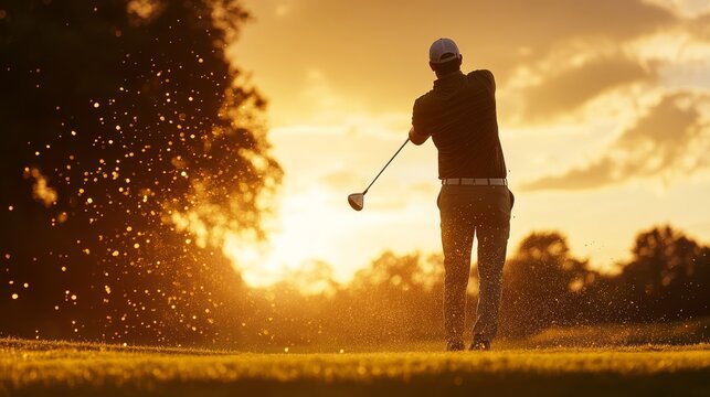 slow-motion capture of a golfer teeing off at sunrise, golden light creating dramatic highlights around the swinging club and flying ball