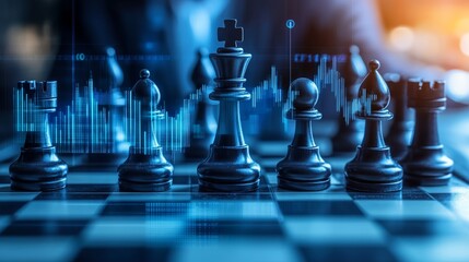 close-up of business-themed chess match, key pieces like king and knight highlighted, futuristic blue financial graph overlays