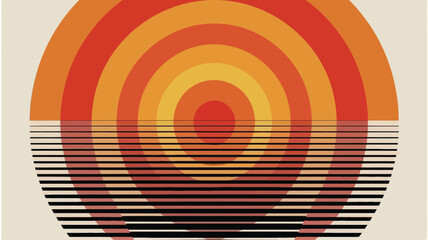 Abstract mid century modern art with concentric arcs and reflective horizontal lines on a cream background