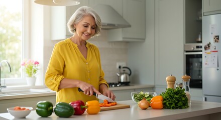Senior woman chopping peppers kitchen