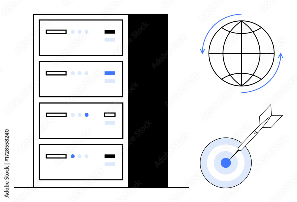 Aufkleber data server rack, spinning globe with arrows symbolizing global connection, and a dart hitting the t