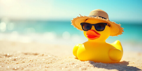 Obraz premium Yellow rubber duck on Holiday at sandy beach with ocean waves in background under natural sunlight