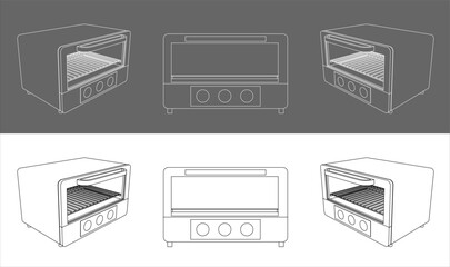 Toaster oven blueprint vector illustration — technical drawing kitchen appliance line art isolated