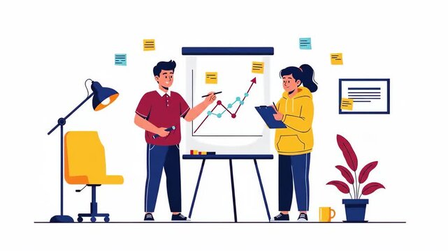 Flat vector of two colleagues are discussing a graph on a whiteboard isolated on white background business meeting and teamwork concept in flat design style business