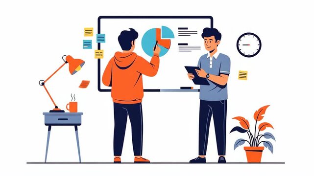 Flat vector of business team presenting pie chart on whiteboard isolated on white background colleagues discussing ideas and working together on project business