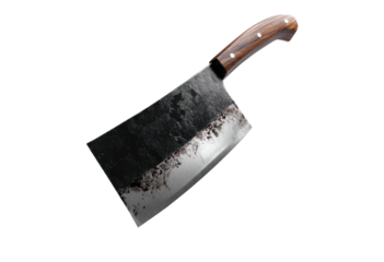 A butcher knife with a dark handle