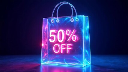 Neon glow shopping bag with 50% off discount, symbolizing retail sales and promotions - Powered by Adobe