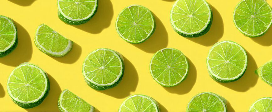 Freshly sliced limes arranged aesthetically on a vibrant yellow background, showcasing their juicy texture and vibrant color, ideal for culinary and beverage presentations