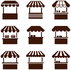 Obraz premium Farmers market stall icons collection, showcasing variety of vendor stands, perfect for small business