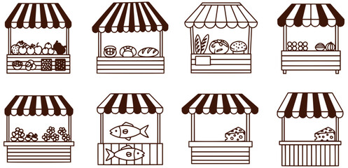 Collection of charming market stalls featuring fresh produce, baked goods, fish, and cheese