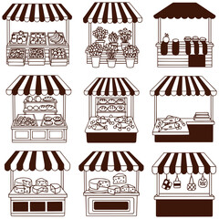 Charming farmer market stands offering fresh produce, seafood, cheese in detailed outline style